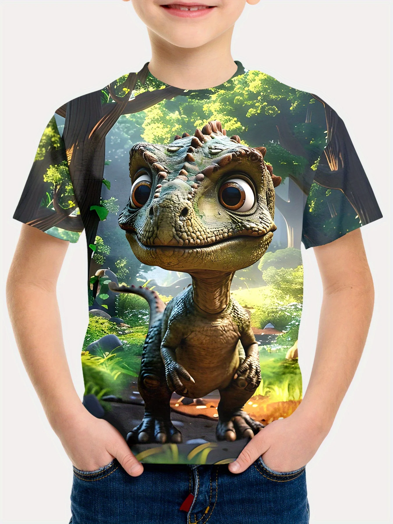 Boys‑3D‑Digital‑Print‑Cute‑Dinosaur‑Forest‑Adventure‑Casual‑Short‑Sleeve‑Summer‑Kids‑T‑Shirt