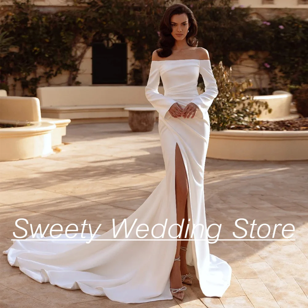 

Sexy Simple Wedding Dress Vestidos De Novia Long Sleeve Boat Neck High Slit Court Train Robe De Mariage Mermaid Bridal Gown