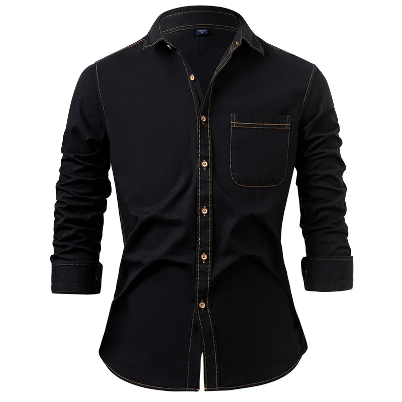 

Mens American Denim Shirt Cotton Wrinkle Free Solid Color Long Sleeve Casual Jacket Foreign Trade Trendy Streetwear