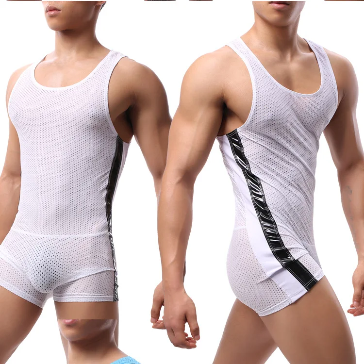 Sexy Men Bodysuit Mesh Hollow Sports Undershirt Breathable Pajamas Running Fitness Yoga Clothes See-Through Bodyshaper