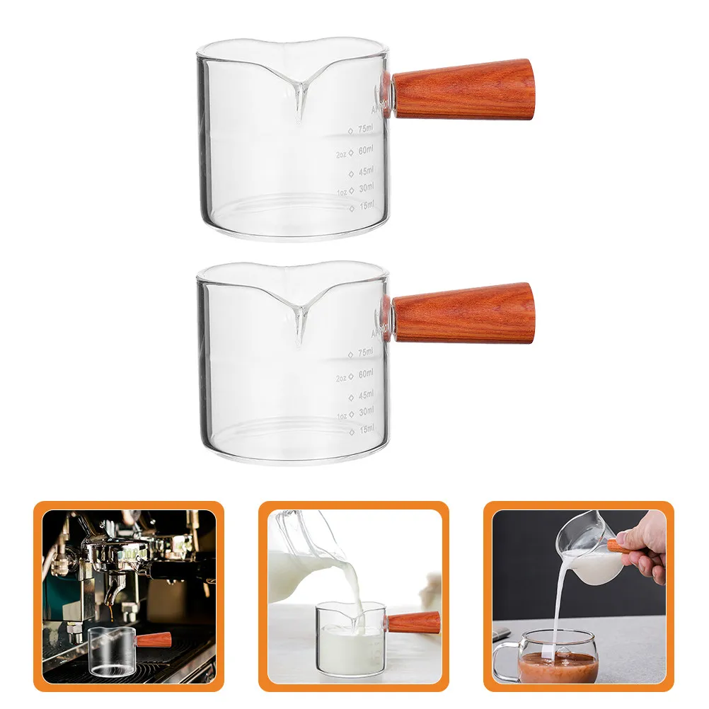 2 Vasos Medidores de Espresso con Doble Boquilla y Mango de Madera, de Vidrio Grueso Resistente al Calor, con Escala Dual en Oz y Ml para Café y Leche