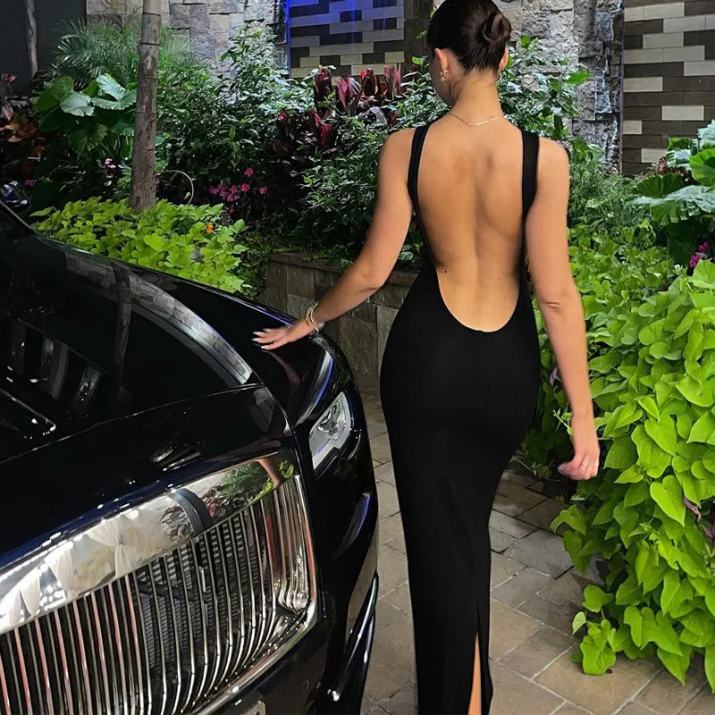 Dress women's new fashion sexy backless slim round neck sleeveless slit dress wedding Prom Party Evening Prestigious Guest