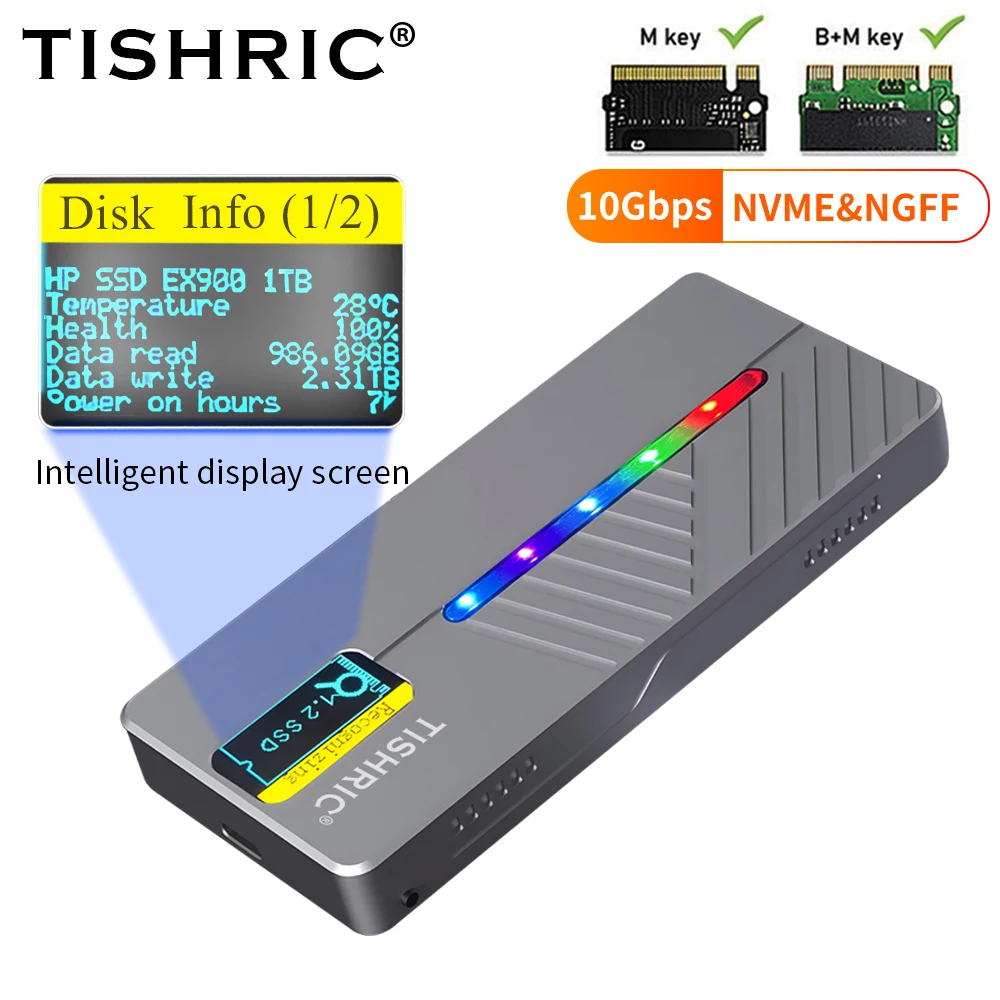 TISHRIC SSD Case M.2 NGFF NVME Dual Protocol Hard Drive Enclosure Aluminum Alloy External Box Support 2230/42/60/80 For Laptop