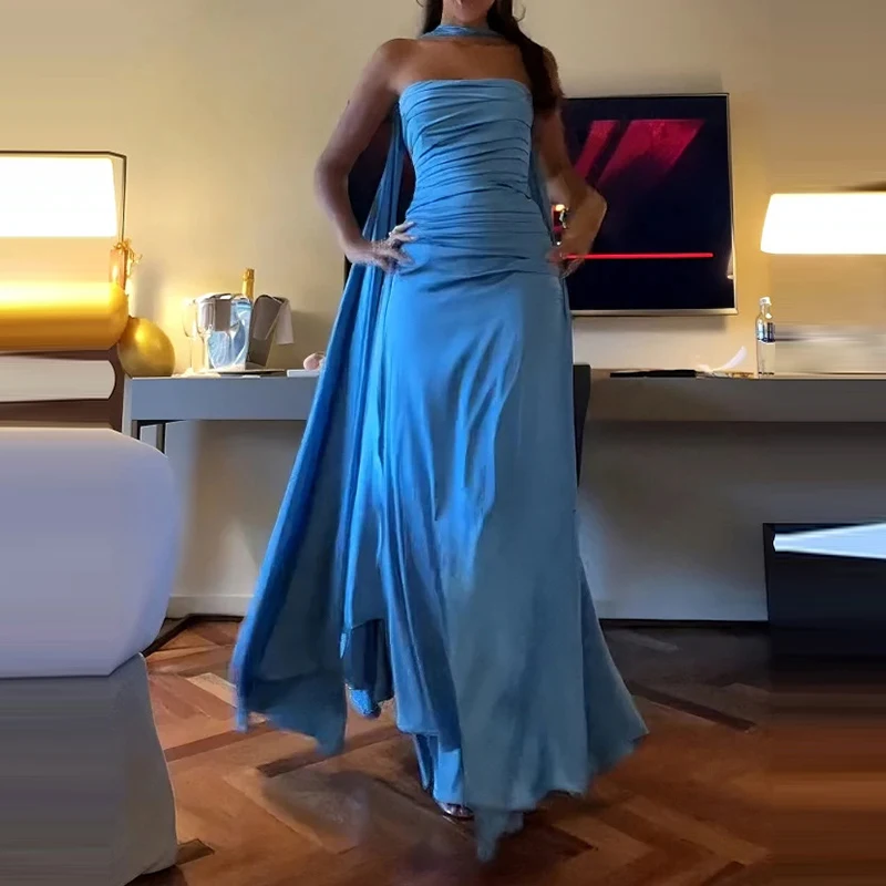 Elegant Strapless Sleeveless Satin Long Dress Sexy Off Shoulder Floating Solid Party Dress Women Fashion Waist Draped Gown Dress