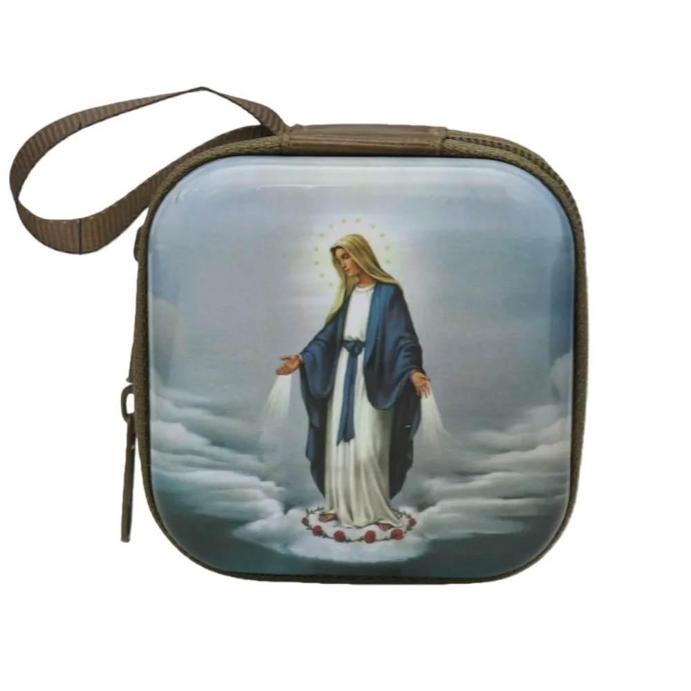 

Virgin Mary Prayer Rosary Storage Bag Iron Artwork 7x7cm Religious Jewelry Box Zippered Cartoon Religious Articles