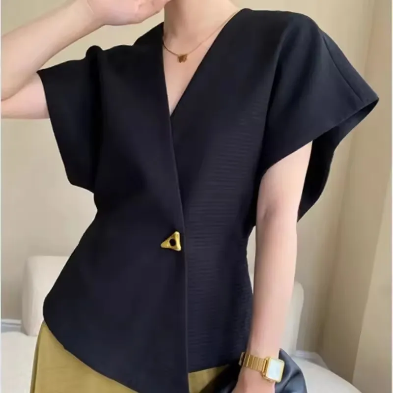 Summer French Asymmetric Blazer Vest Coat Women Drop Shoulder Sleeve Waistcoat One Button Waist Slim Fashion White Top WJ117