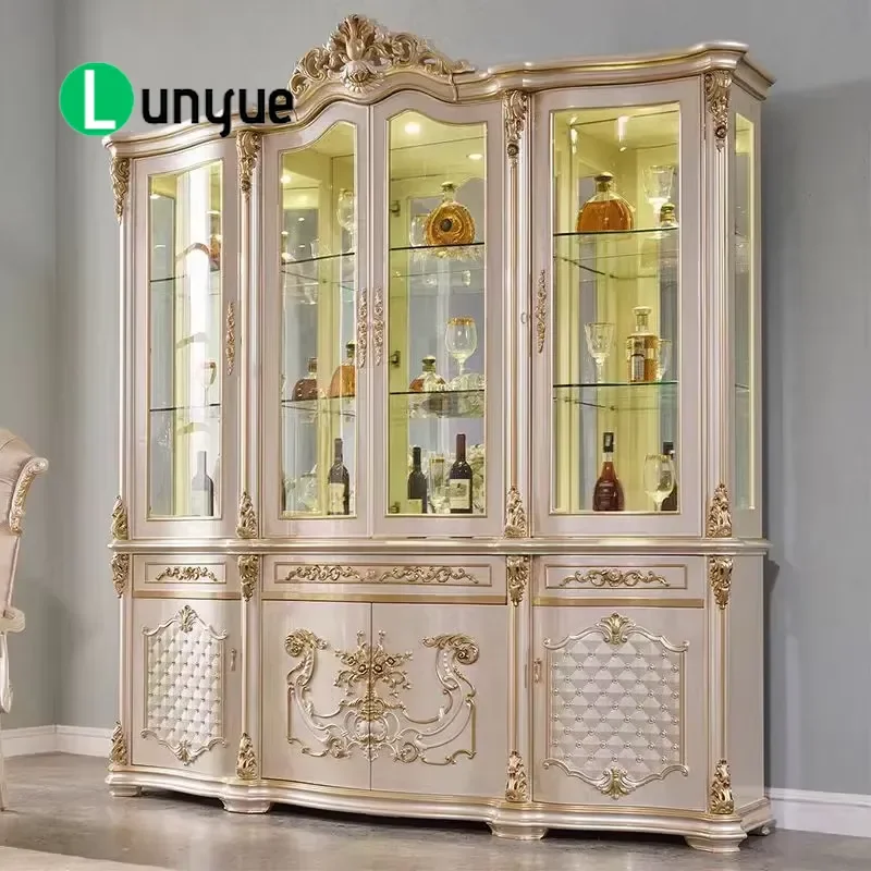 French Style Solid Wood Carved Painted Wine Cabinet | Luxury European Display Cabinet with Glass Doors for Villa Living Room