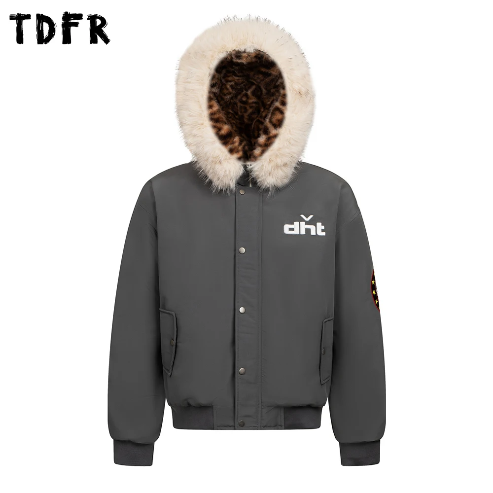 

Стеганая куртка с капюшоном и вышивкой букв, мужская зимняя повседневная свободная стеганая куртка с длинным рукавом и меховым воротником, мужская толстая стеганая куртка