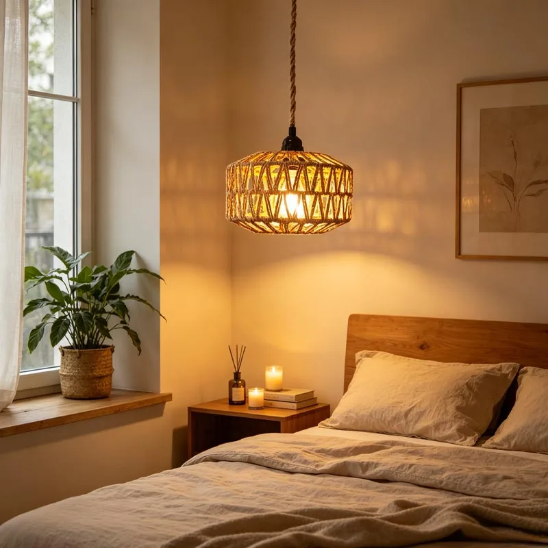 Rural style hand woven hemp rope pendant light, retro high-end scene, versatile and suitable for bedroom/dining atmosphere light