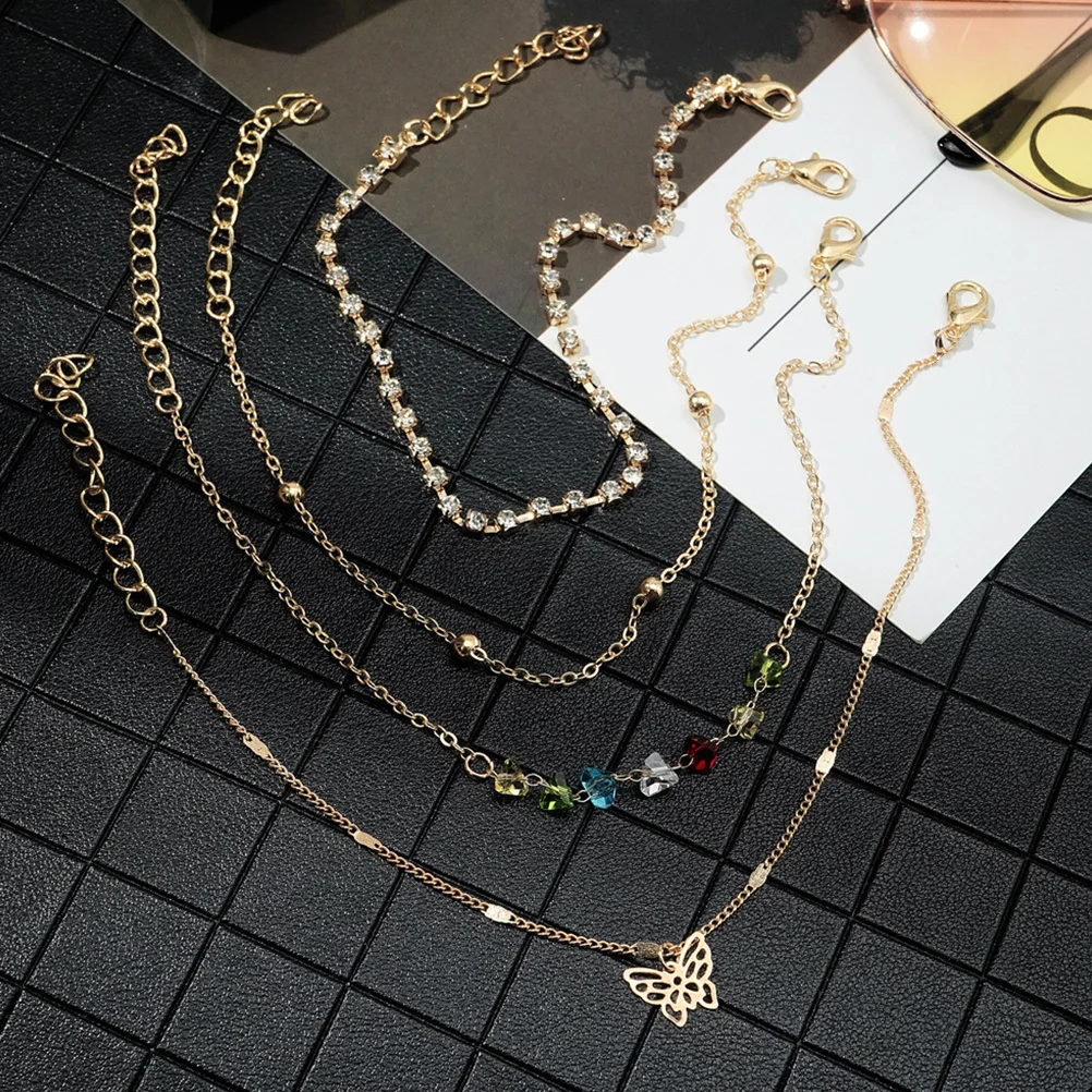 

4Pcs Fashion Butterfly Rhinestone Anklet for Women Summer Beach Ankle Bracelets Foot Jewelry Adjustable Design