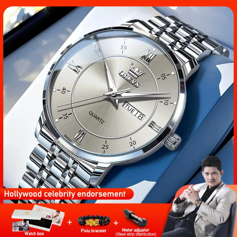 

OLEVS 3680 Mens Watch Original Swiss Movement Quartz Watch Stainless Steel Waterproof Luminous Large Dial Day Date Watches New