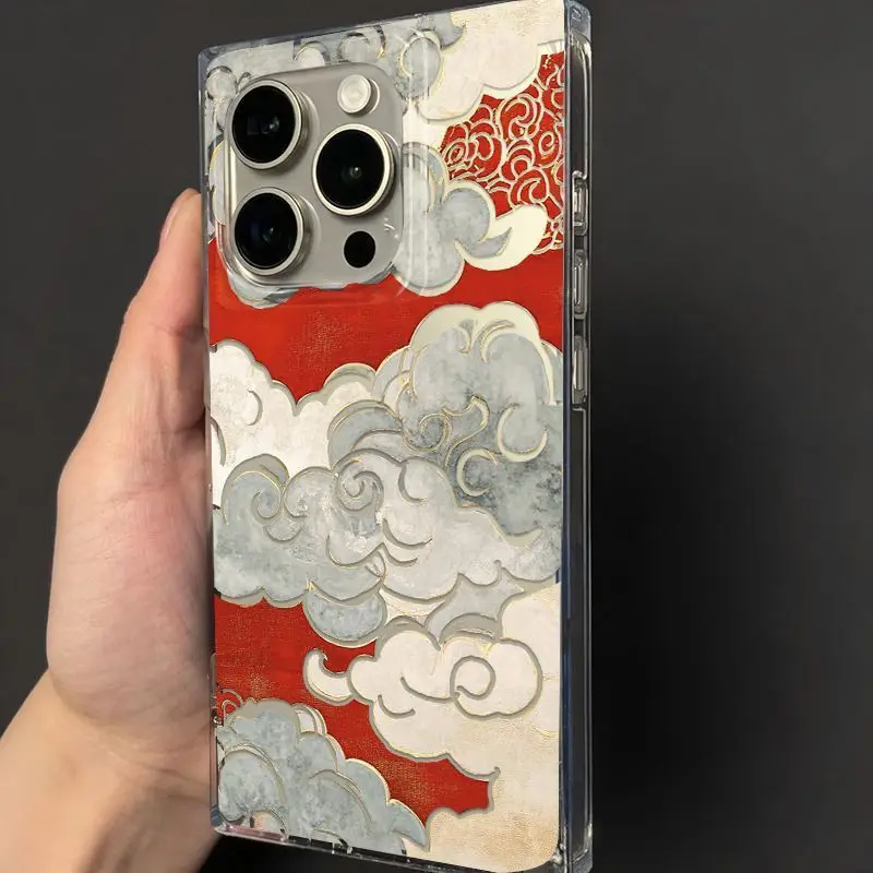 Beautiful Red Auspicious Clouds Phone Case For iPhone 17 16 15 14 13 12 11 Pro Max PLUS Air INS Transparent Rectangle Soft Cover