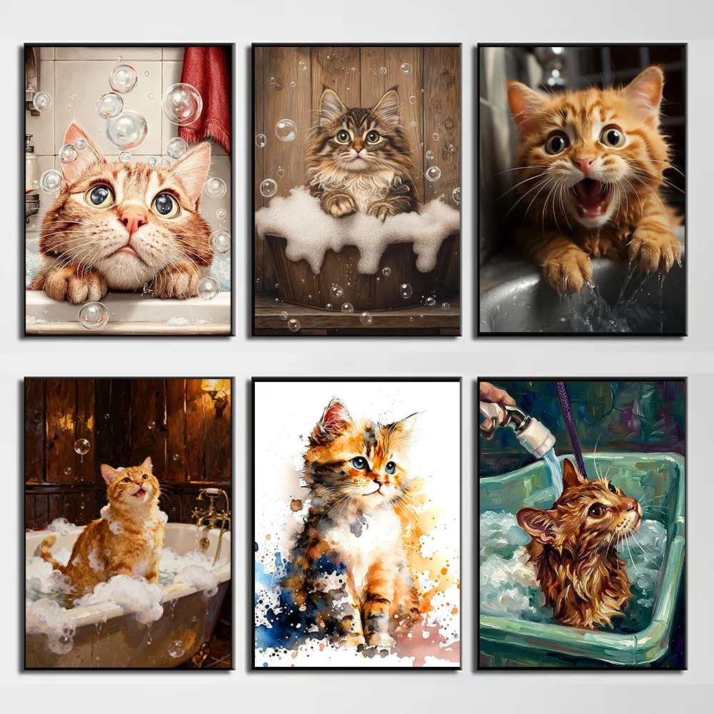 Fun Retro Bathroom Cute Cat Bubbles Bathing Decorative Color Canvas Painting Wall Art Poster Picture Home Decor Mural Cuadros