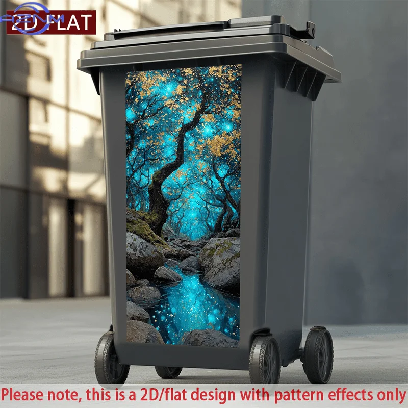 2D/FLAT-Magical Glowing Forest Stream Trash Can Sticker Wall Sticker Shimmering Blue River Tree Pattern Self-Adhesive Waterpro