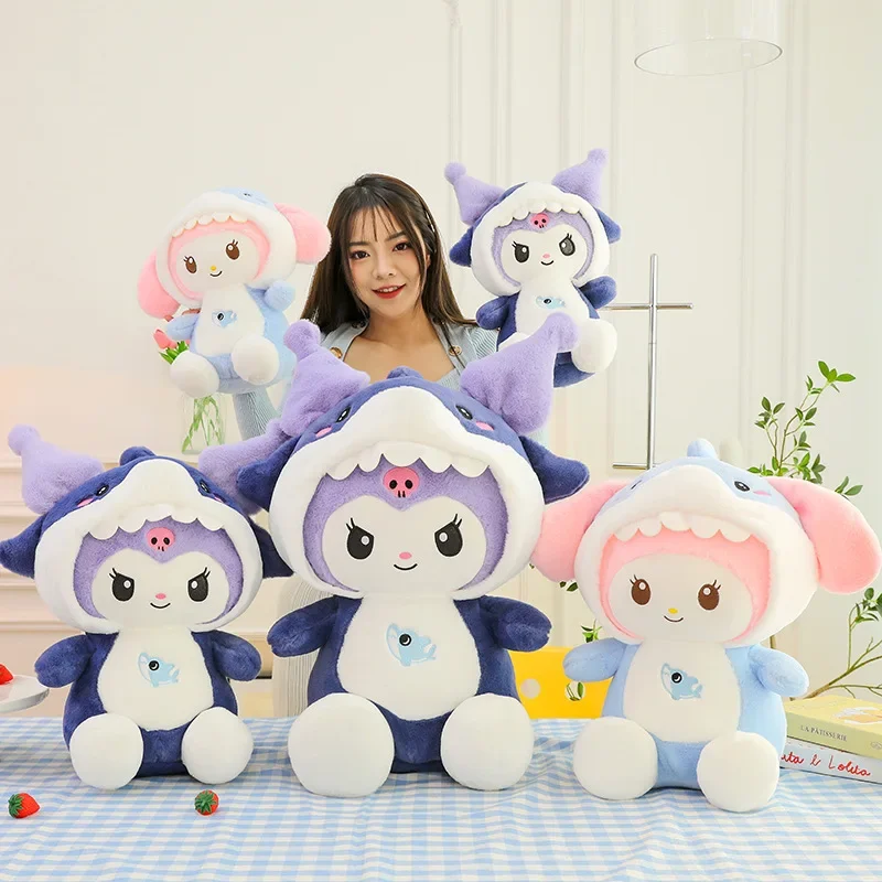 Juguetes de peluche Kawaii Sanrio Kuromi My Melody, muñeco de tiburón transformable, almohada de peluche suave, regalo de cumpleaños para niñas, tamaño grande, 55cm