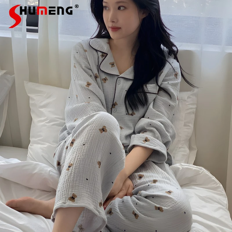 

Cotton Gauze Pajamas Set for Women Autumn Winter New Pure Cotton Loungewear Lady Chest Pads Cartoon Bear Homewear Suit