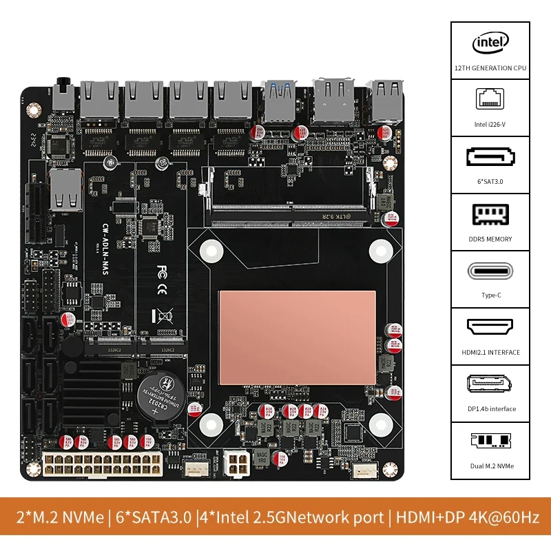 N150 6 Bays Mini ITX NAS Motherboard 17x17 DDR5 4x Intel I226-V 2.5G Network Card 6x SATA3.0 2x M.2 NVMe PCI-E for DIY NAS
