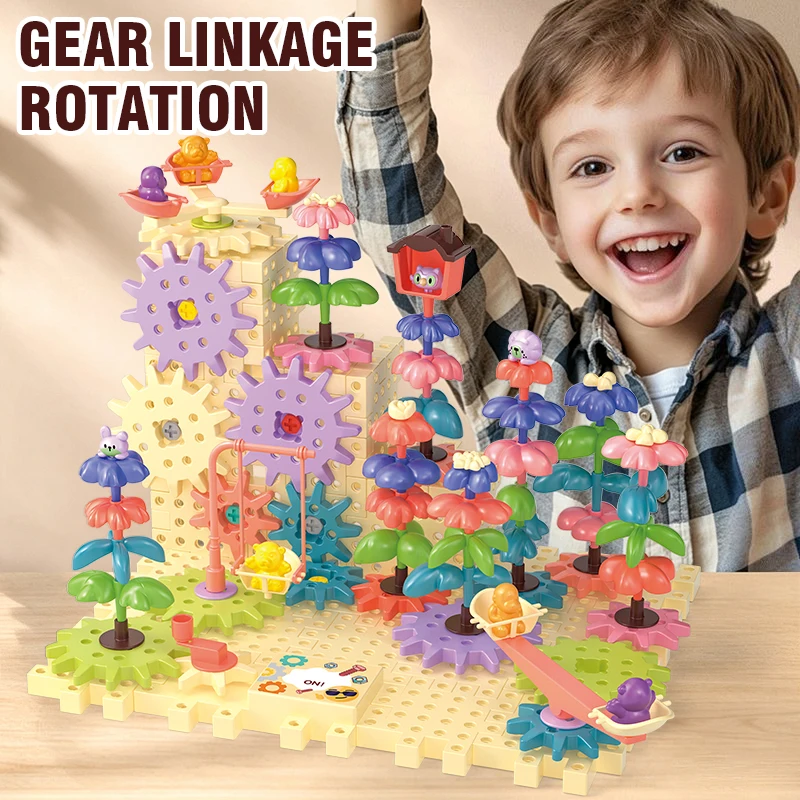 DIY Electric Rotate Gear Building Blocks Flower Garden Assembly Educational Blocks Parent Child Educational Toy Birthday Gifts