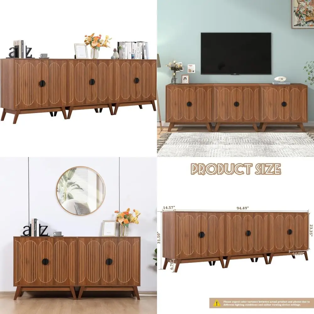 خزانة بوفيه خشبية حديثة مخددة بـ 6 أبواب مع مساحة تخزين #1