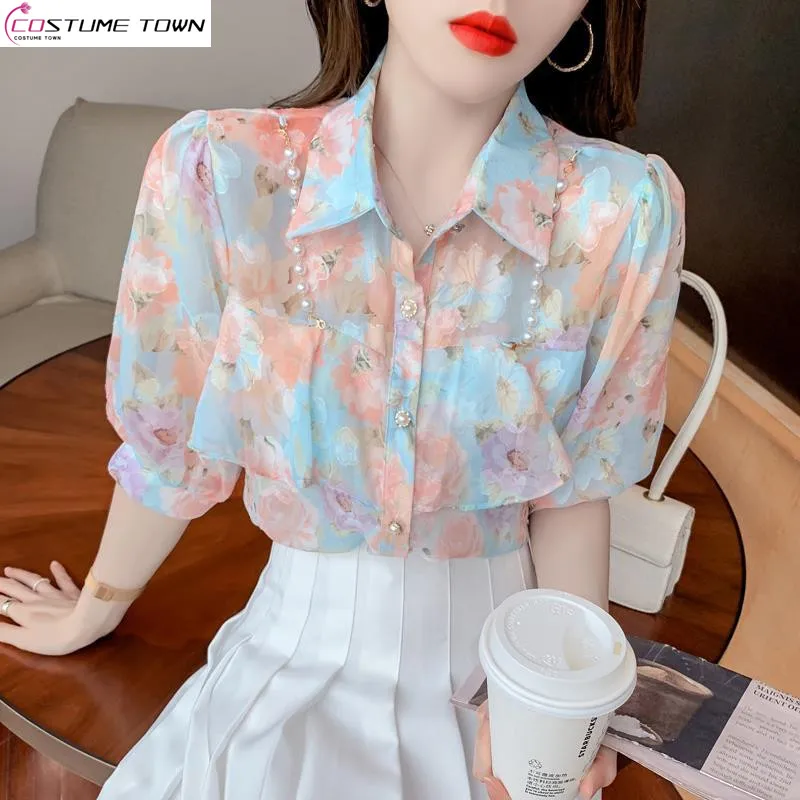 

Spring and Summer New Korean Edition Pearl Chain Ruffle Edge Printed Chiffon Shirt Fashion Casual Age Reducing Top