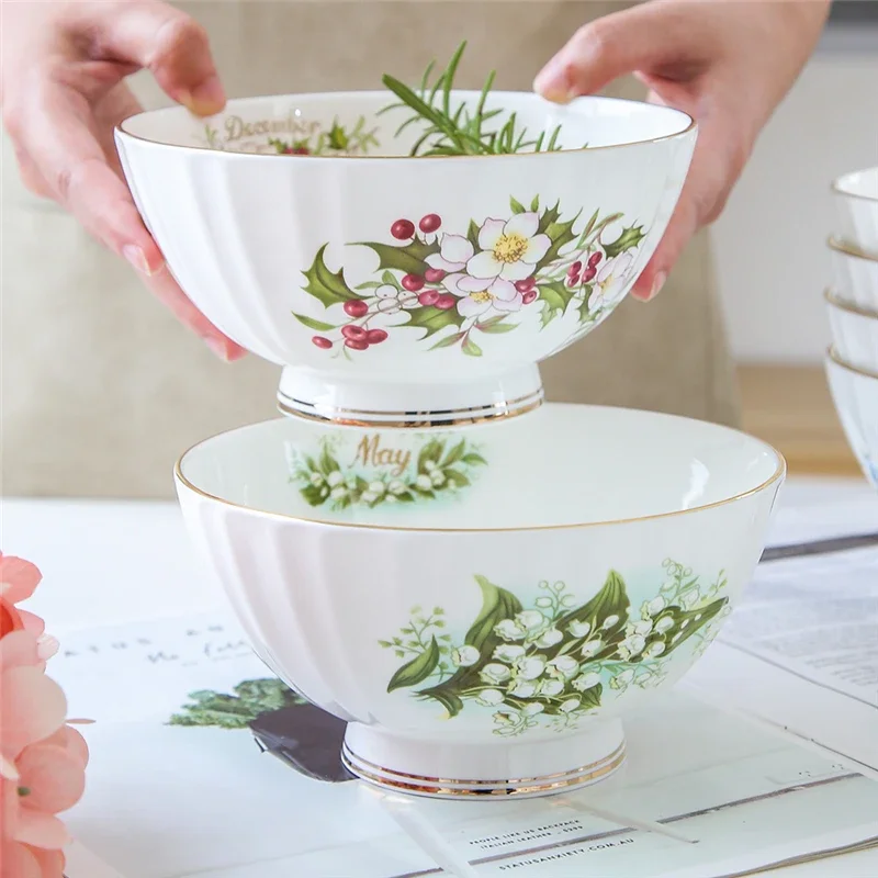 Ceramic Rice Bowl Set 12 Months Flower Printing Kitchen Fruit Bowls Beautiful Tableware Ramen Bowl Home Utensils for Hospitality