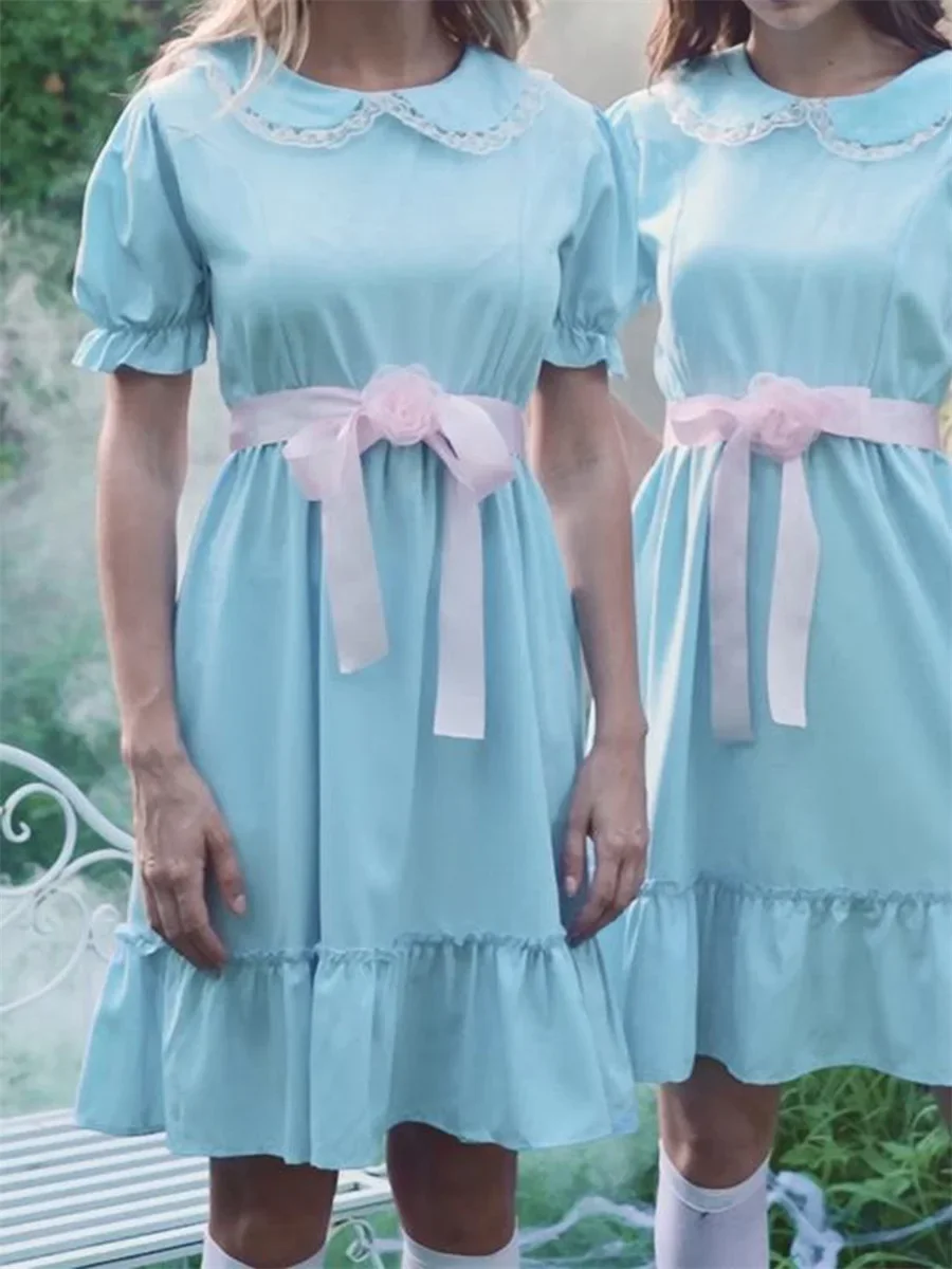 Mulheres Colarinho Boneca Manga Ruffle Vestido Linha A com Cinto Arco, Vestido Ruffle em Camadas, Daily Party Club