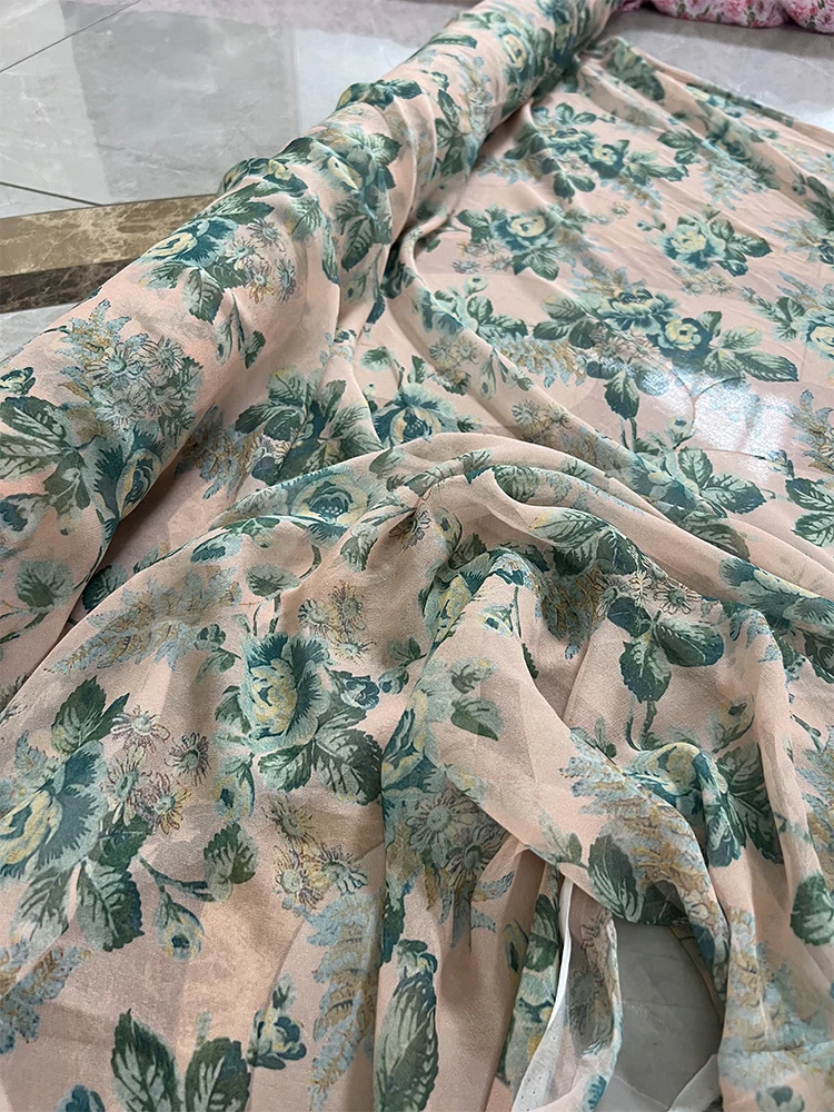 

1 meter 100% Mulberry Silk 12 Momme Thin Georgette Silk Fabric Green Floral Printed 140cm 55" wide by the yard XX407