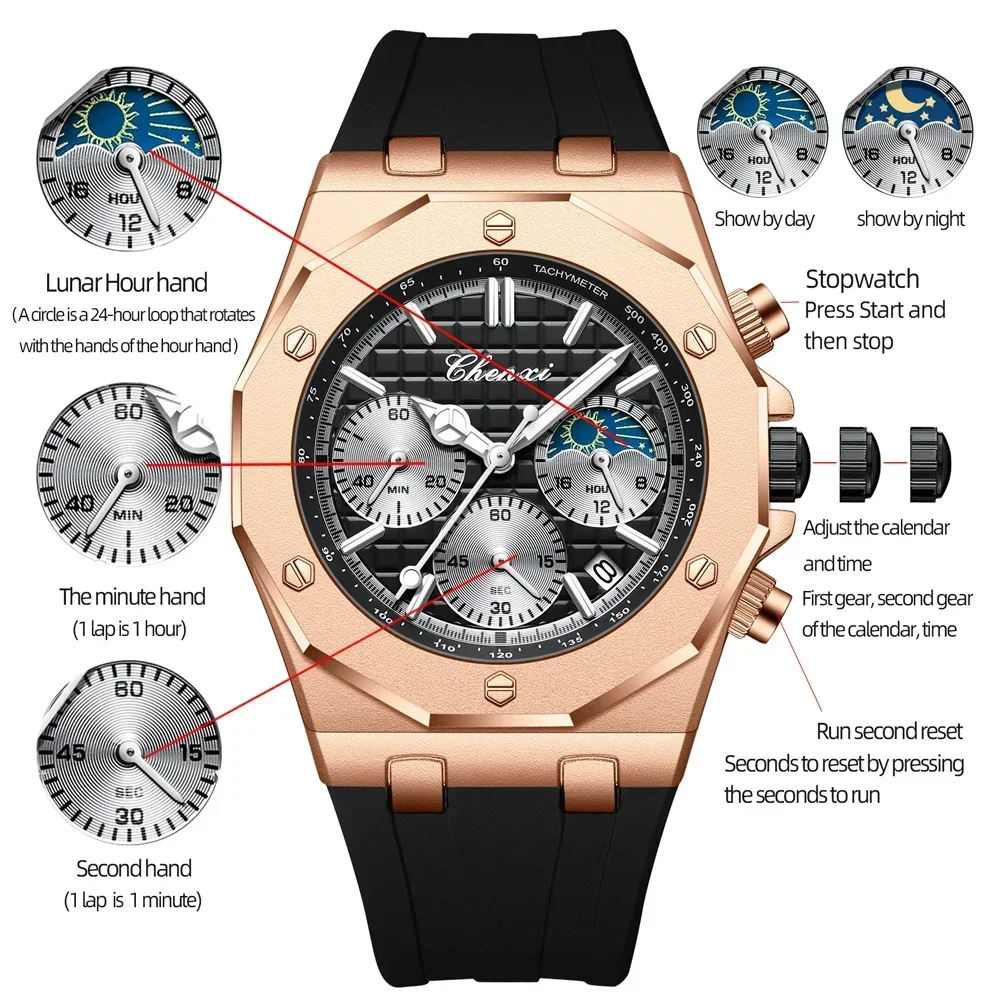 CHENXI 968 Orologi da uomo di lusso Orologi da polso sportivi di moda Cronografo maschile al quarzo Orologio da uomo in silicone Luminoso Relogio Masculino