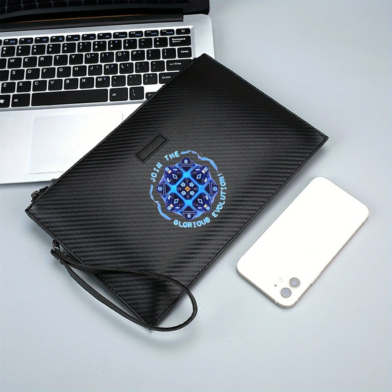 مكعبات متوهجة مع جليف ودوامات. انضمنا! حقيبة يد رجالية أنيقة مطبوعة من البولي يوريثان عصرية وعملية للحمل اليومي