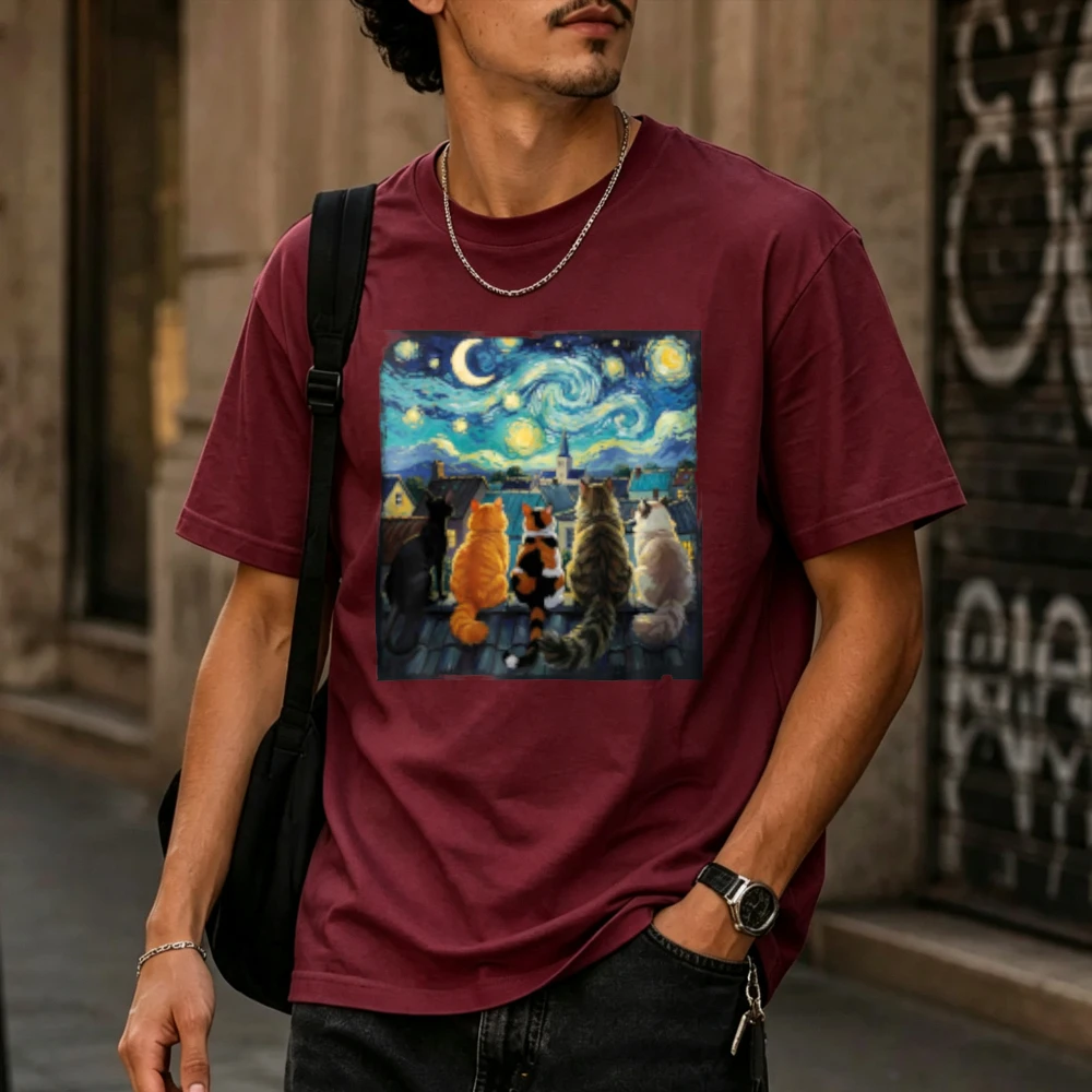 Van Gogh The Starry Night Multiple Cats Sitting on Rooftop Back View Classic Oil Painting Print Men Cotton T-shirt Art Lover Top