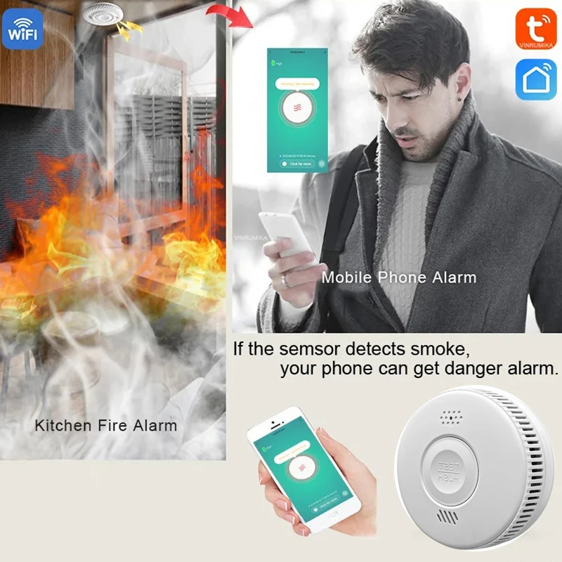 WiFi Tuya Function Smoke Detector High Quality 85dB Fire Inspection Alarm Sensor Smartlife APP Control Parlor Room Kitchen Shop