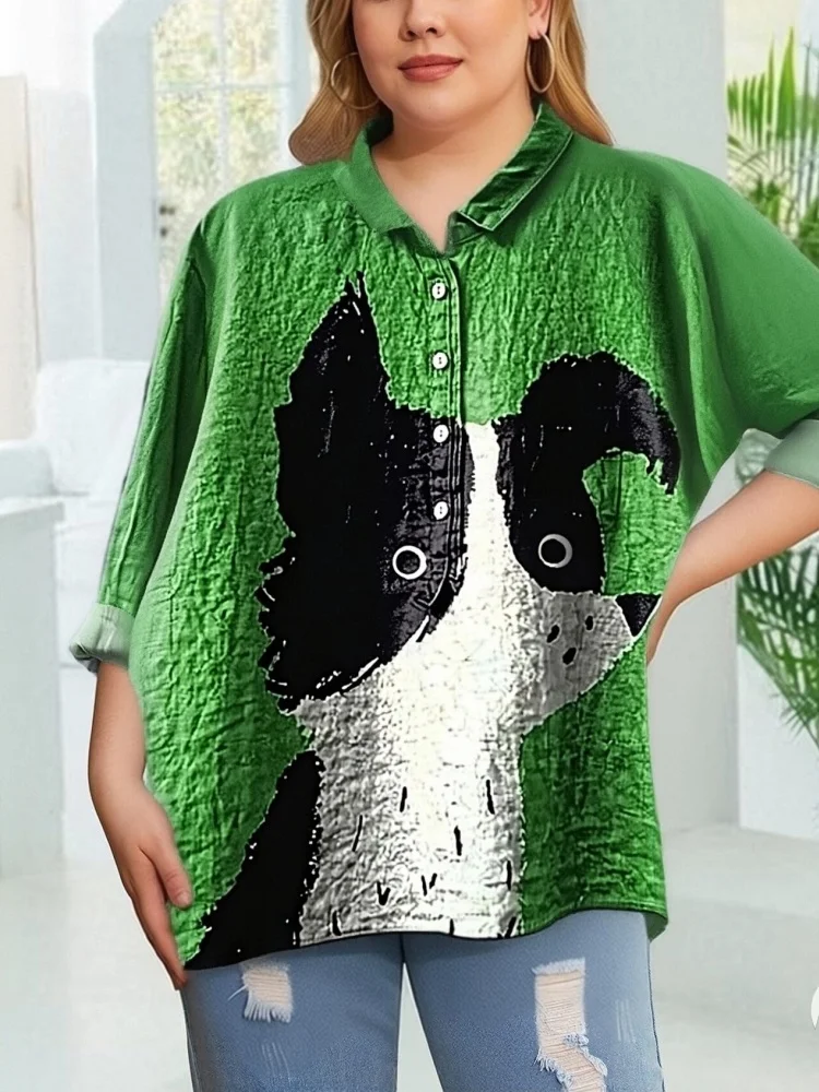 

Plus Size Vintage Blouse Korean Fashion Long Sleeve Lapel Half Button Dog Printed Funny Shirts Casual Irregular Hem Clothes