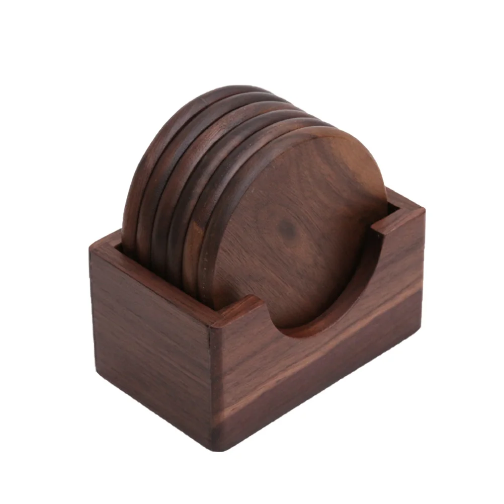 

6Pcs Black Walnut Wooden Cup Holder Coasters Round Heat Insulation Pads for Home Office Party Restaurant Table Protection