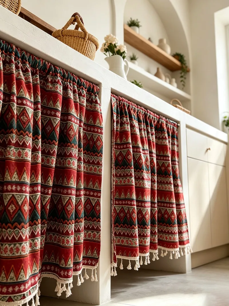 Bohemian Geometric Small Curtain, Drill-Free Privacy Divider Dustproof Decor Curtain for Home, Kitchen & Café,Multi-Scenario Use