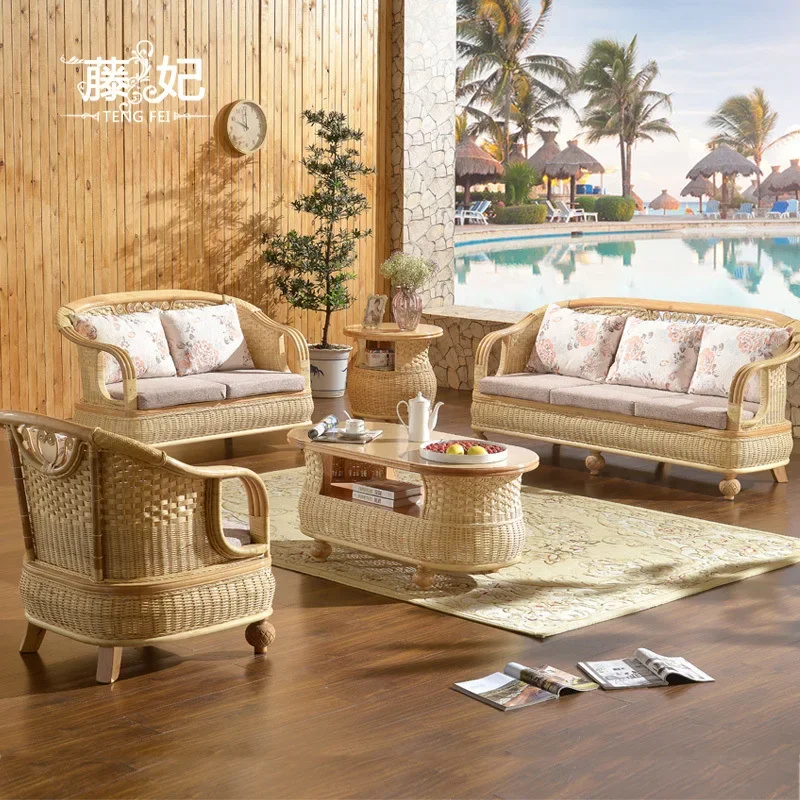 Chinese-style Indonesian rattan art rattan sofa three-person combination living room small apartment natural back chair real rat