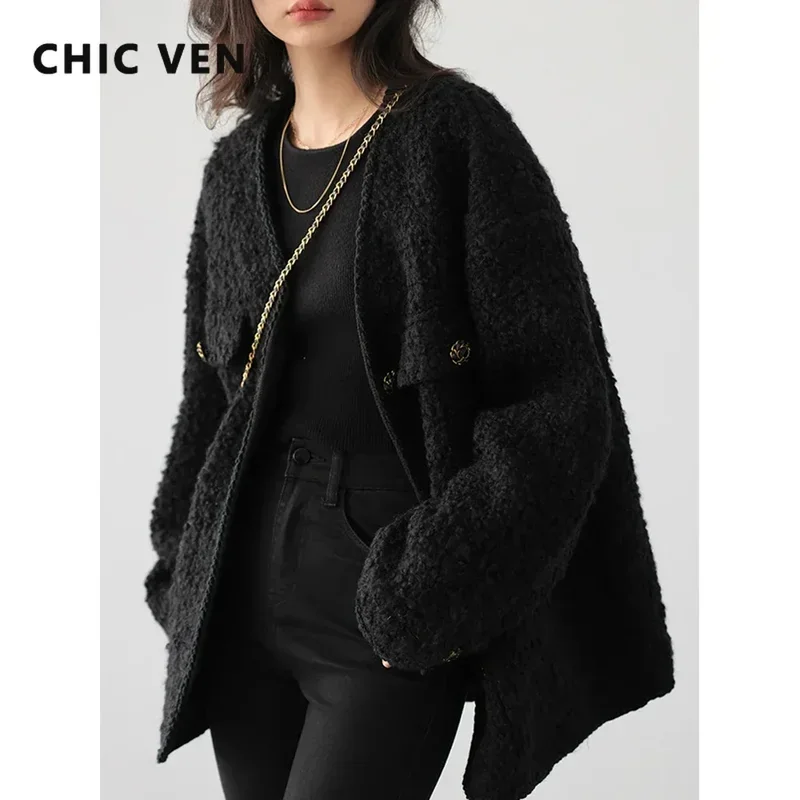 

CHIC VEN Fashion Women's Wool Coat Single Breasted Vintage Jacket V-Neck Office Lady Overcoat Female Tops Spring Autumn 2023