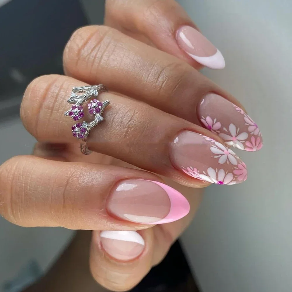 Roze Paarse Bloemen Witte Strik Franse Nail Art Zomermode Amandel Valse Nagel Afneembare Afgewerkte Nepnagels Druk op nagels