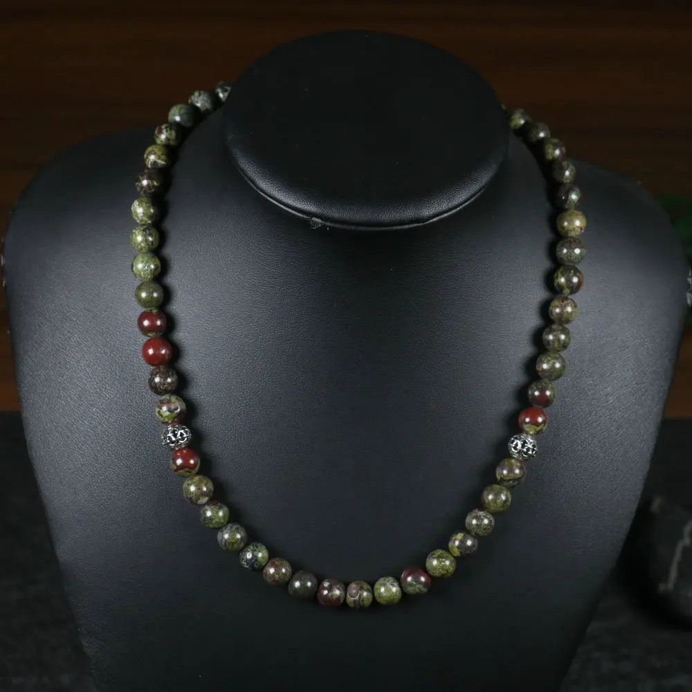 Natural Stone Beads Rosary Necklace Men 8MM Bloodstone Rose Quartz Choker Beaded Necklace For Women Meditation Buddha Jewelry