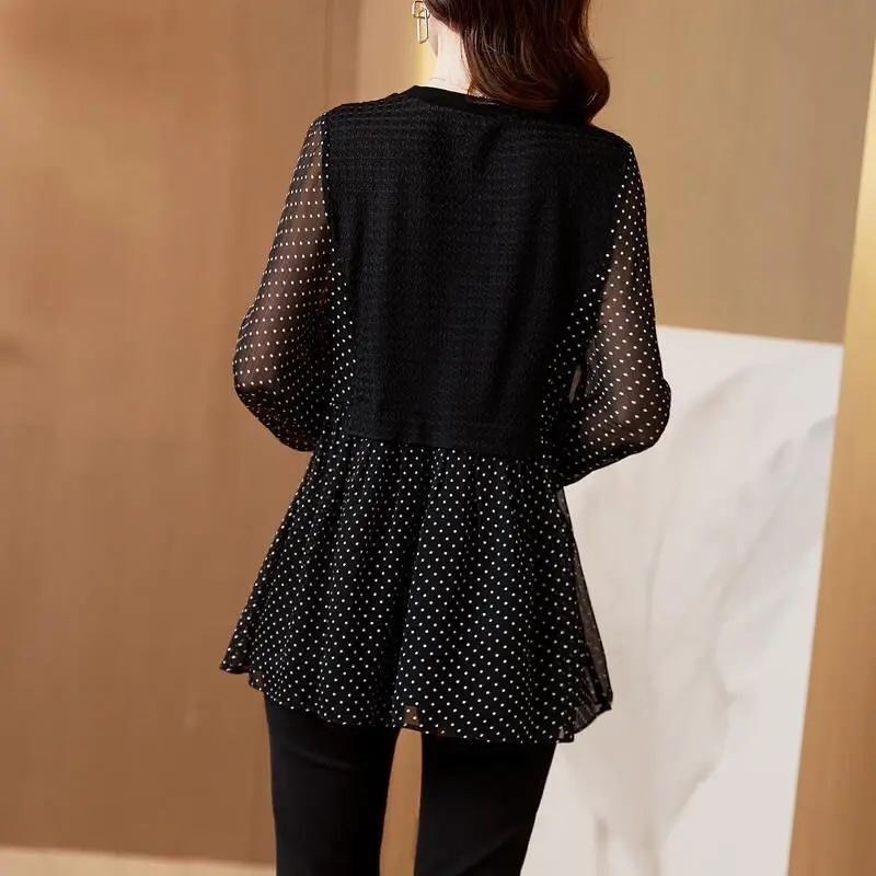 Elegant Fashion Polka Dot Lace Chiffon Shirt Summer Autumn 2023 New V-Neck Long Princess Sleeve Loose Long Blouse Women Clothing