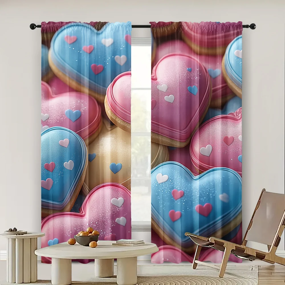 2pc,  Romantic Valentine's Day Window Curtains Hearts Light Filter Party Decorations Suitable for Seasonal Decorations