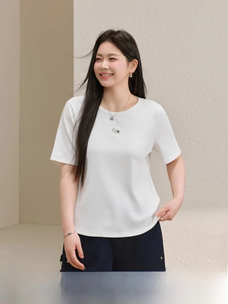 

Удобная простая футболка с круглым вырезом, повседневный свободный топ для женщин больших размеров, весенняя новинка, короткий рукав, цветная