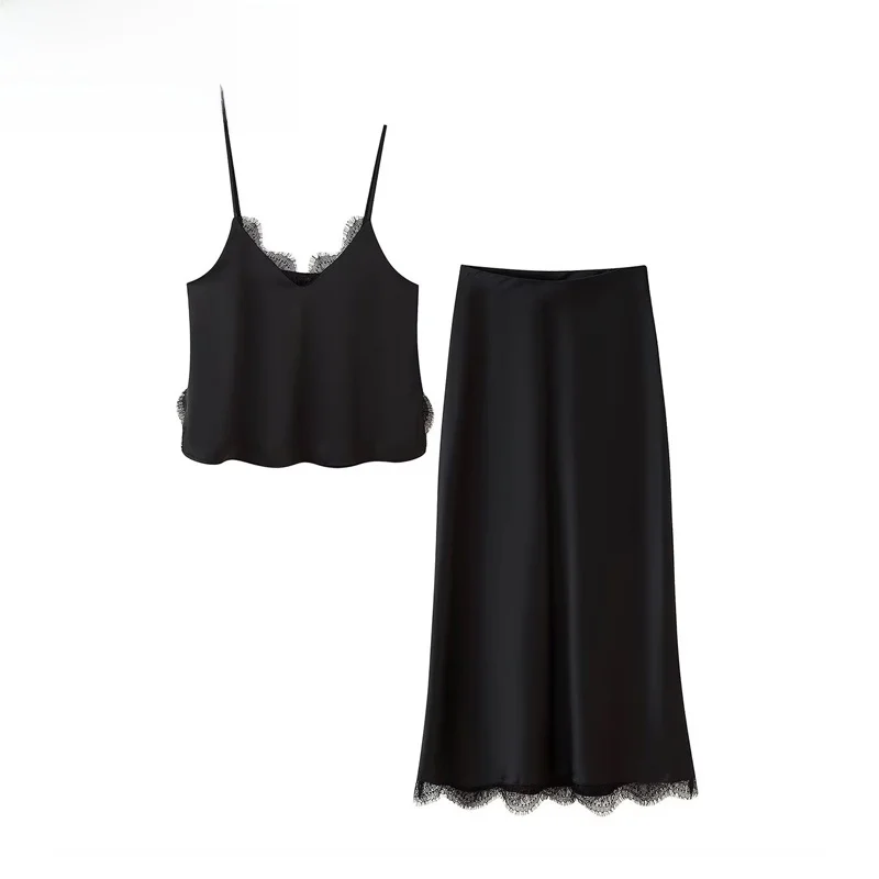 ZBZR Spring New Women's Faion Satin ter Ne Top Lace Trim Sensual Texture Top Women's Premium Faion Set 835049