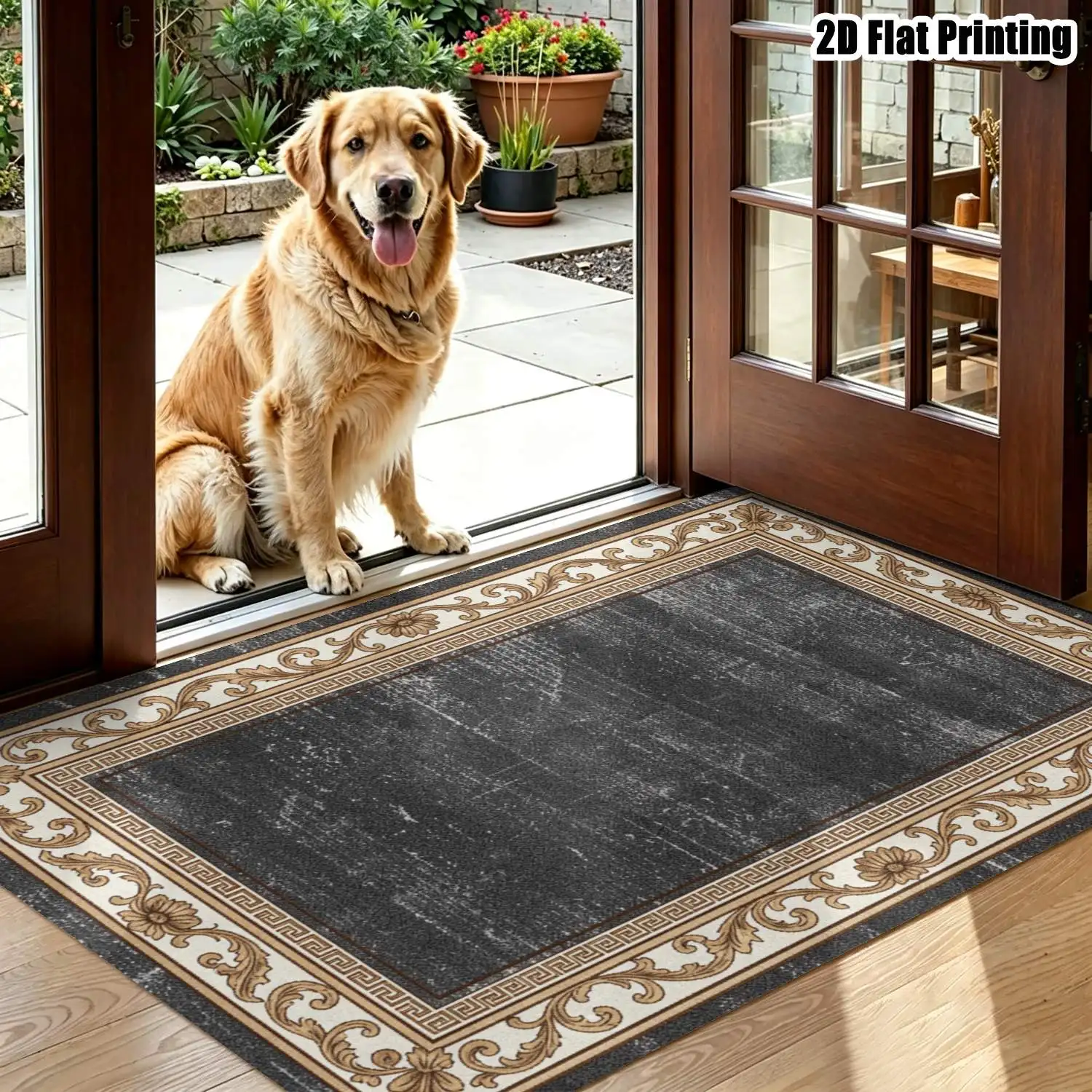 1Pc 2D Printed Retro Black Gold Geometric Border Carpet, Fits European/Modern Minimalist/Nordic Decor, Multi-Size, Machine Washable, for Entryway, Living Room, Bedroom Etc