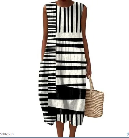 

2026 Spring and Summer New Sleeveless Casual Printed Temperament Long Skirt Pocket Dress Slim Small Fresh Casual Skirt