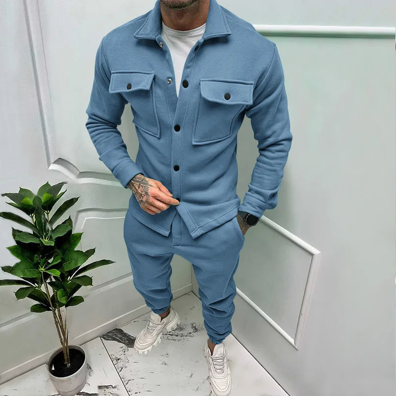 Party Men\'s Jacket and Pants Sets Pocket Overalls Male Fashion Suit Solid Color Autumn Winter Streetwear Tracksuit 2 Piece Set