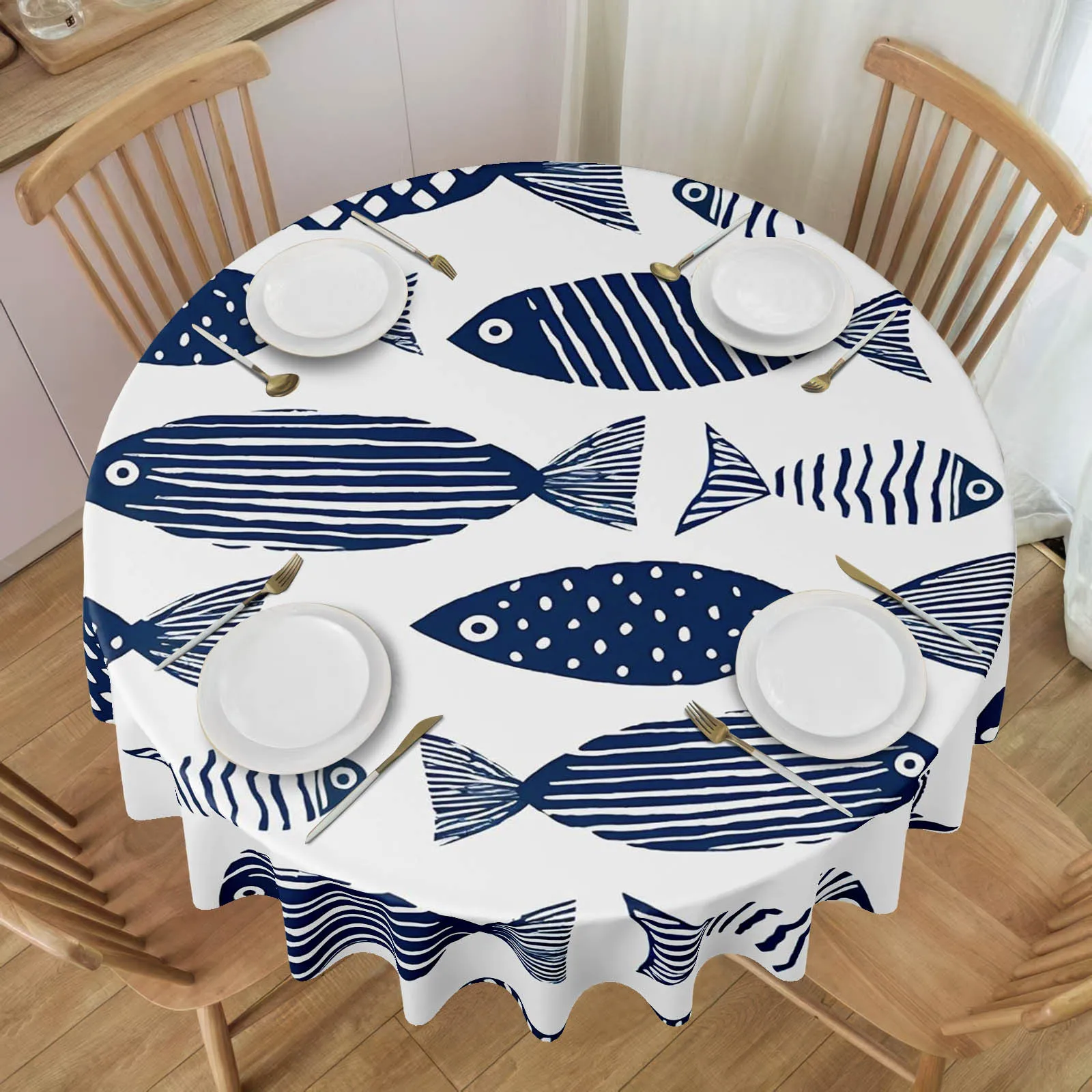 1 PC Blue Fish Pattern {2D Fingerprint Printing} Embroidered Tablecloth - A Gift for Family and Friendszyc
