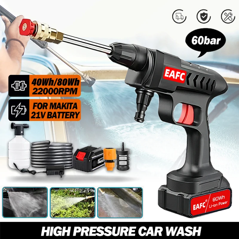 60BAR Cordless High Pressure Washer 22000RPM Rechargeable Car Wash Gun Electric Water Gun Foam Machine for Makita 21V Battery