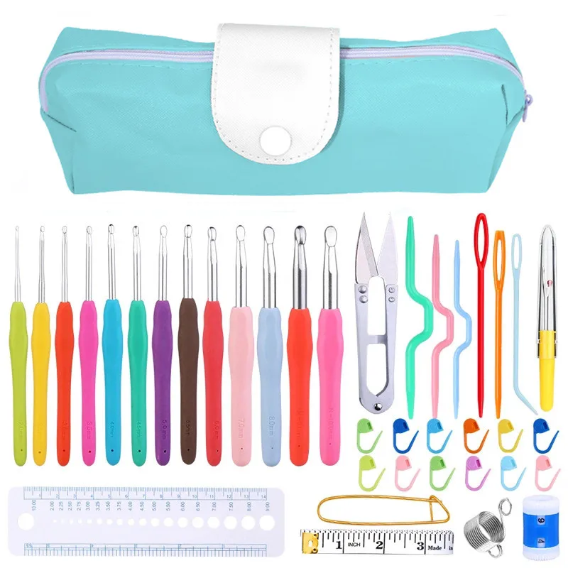 IMZAY Colorful Rubber Handle Knitting Needles Kit With Sewing Clips Plastic Needles Staniless Steel Scissors Crochet Hooks Set