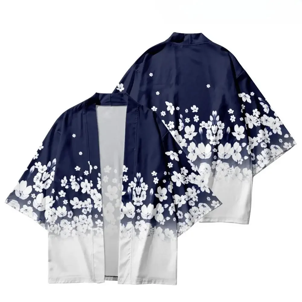 Trendy Harajuku Kimono Cardigan Navy Blue Sakura Floral Full Print 1/2 Sleeve Loose Japanese Yukata Coat Summer Casual Outerwear
