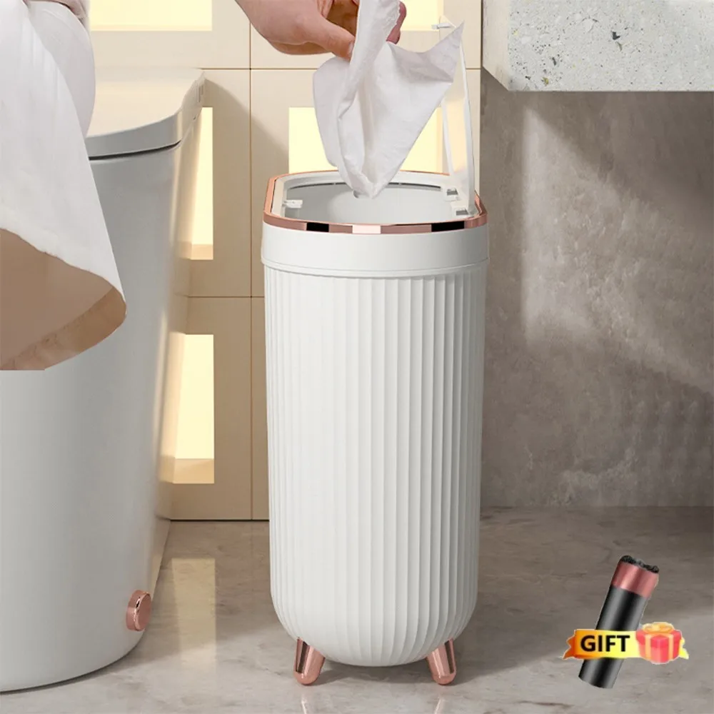 12L Rose Gold Press Trash Can with Lid Light Luxury Bathroom Wastebasket Narrow Garbage Can Waterproof Dustbin with Foot New